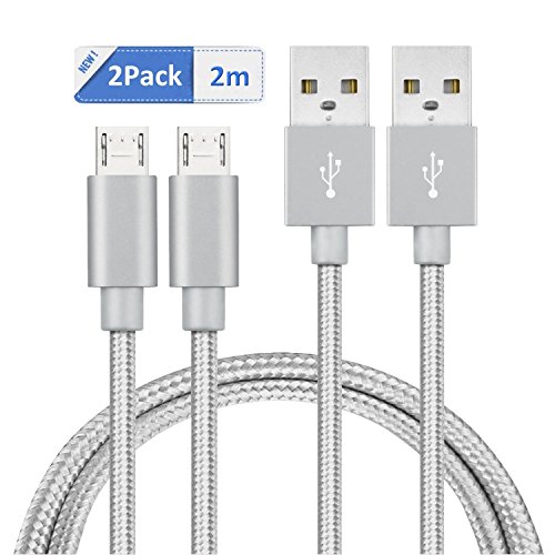 GlobaLink 2unidades 2m Cable Resistente para Android Windows Carga con Velocidad Alta para Todos Smartphones Tablets de Samsung LG HTC Huawei Sony bq Nokia con Puerto de Micro USB 2.0 Color Gris