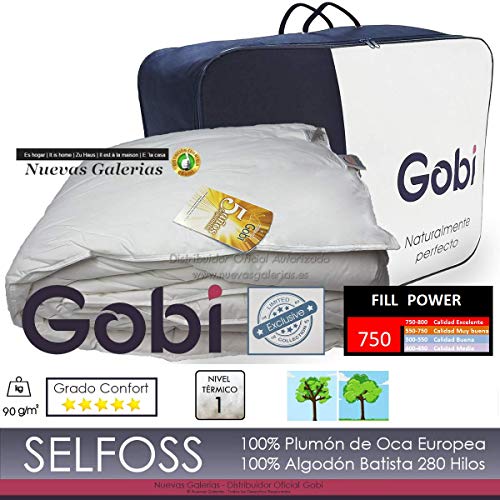 Gobi Relleno Nordico 100% Plumón Oca Europea | Selfoss 750 Fillpower (Acolchado 90 Grs/M2 Verano-Primavera, Cama 90: 150x220 cm)