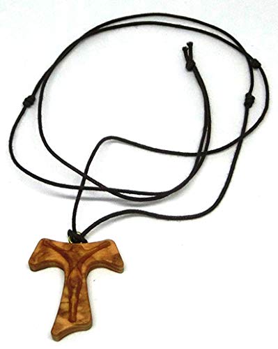 GTBITALY 10.273.90 - Collar con cruz Tau de 3 cm con Cristo en relieve San Francisco de madera de olivo para comunión, 3 nudos