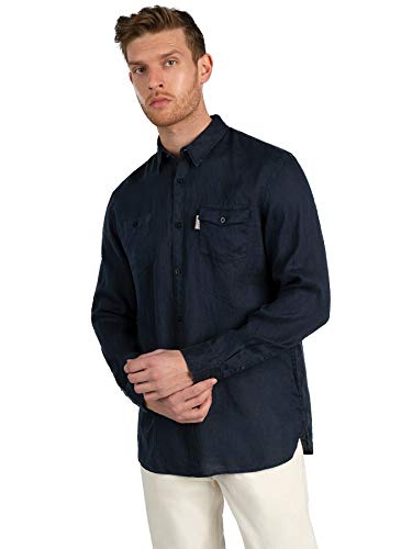 Guess - Camisa de lino para hombre, color beige y azul turquesa S
