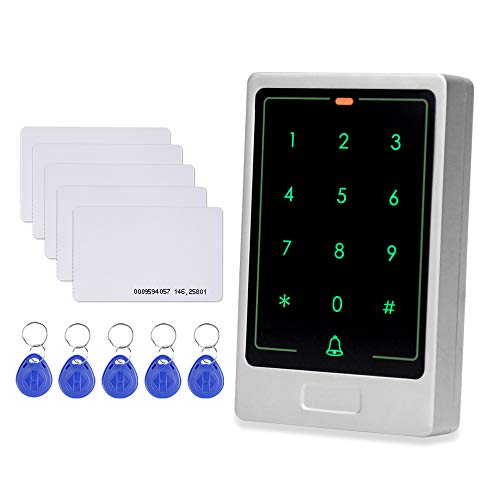 HFeng Touch - Sistema de control de acceso de puerta de metal con teclado RFID y lector de tarjetas con Wiegand 26/34 bit + 10 etiquetas de 125 KHz EM4100 para llavero