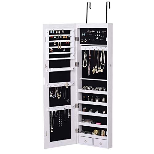 HOMCOM Espejo Joyero Colgante de Pared o Puerta con LED 5 Estantes 2 Cajones Pequeños Espejo Armario Montado con Cerradura 37x120x10cm HOMCOM Espejo Joyero Colgante de Pared o Puerta con LED 5 Estantes 2 Cajones Pequeños Espejo Armario Montado con Cerradura 37x120x10cm