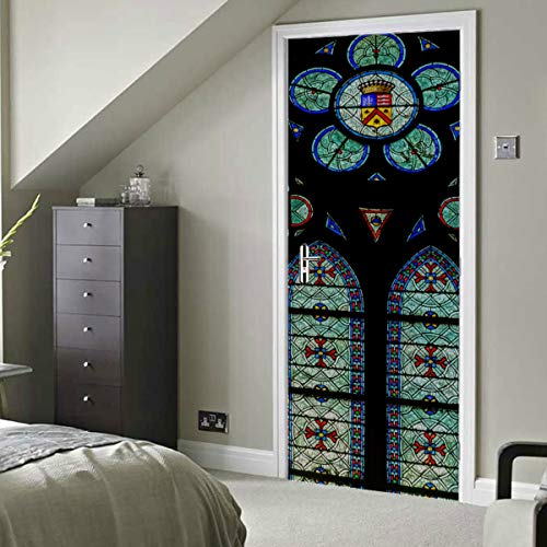 Iglesia de París Vidriera Vinilo autoadhesivo Papel pintado removible Etiqueta de diseño de puerta de dormitorio 30x79 pulgadas (77x200cm) 2 piezas