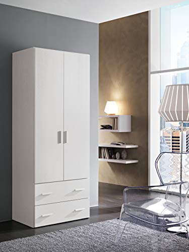 InHouse srls Armario de madera, 2 puertas + 2 cajones, color blanco fresno - Medidas: 211 x 82,6 x 53,3 cm