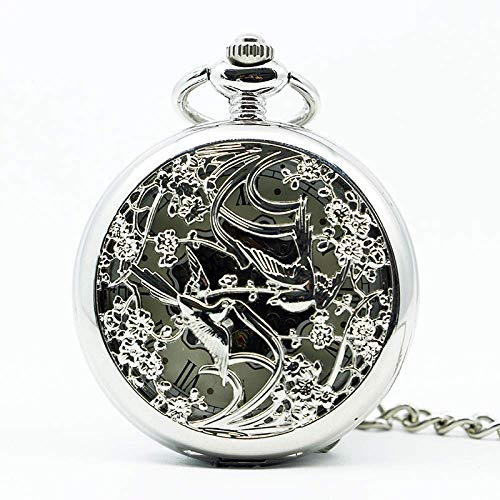 J-Love Reloj de Bolsillo de Esqueleto de Dos pájaros con Forma de Flor mecánica Antigua, Collar con números Romanos, Cadena de Regalo