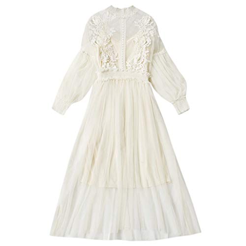 jieGorge Vestidos para Mujer Casual, Moda para Mujer Vestidos Bordados con Flores Vestido de Dos Piezas con Botones en la Manga de la Linterna, Vestidos Elegantes para Mujer (tamaño Libre Blanco)