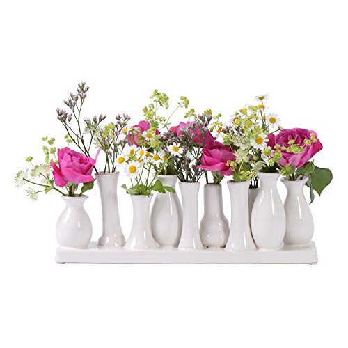 Jinfa | Floreros Modernos en cerámica para Interiores | Blanco | 30 x 6 x 11 cm | Set de 10 jarrones | Floreros en cerámica para decoración, Regalos, centros de Mesa, Salones