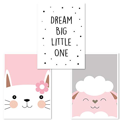 Juego de 3 pósteres para habitación de bebé, DIN 4, para niños y niñas. rosa Gato, Dream Big, oveja.