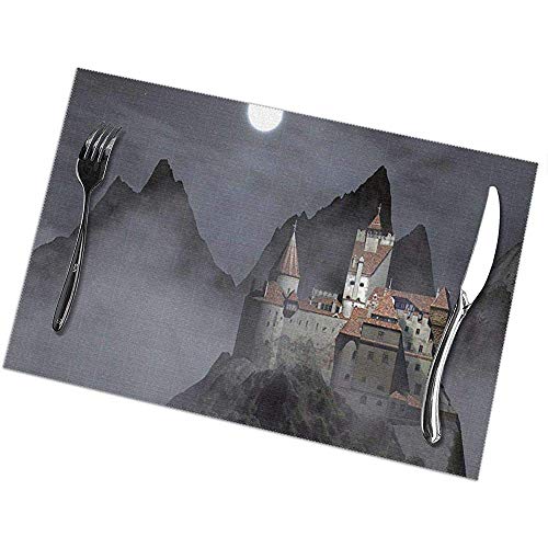 Juego de manteles individuales de 6 para mesa de comedor; Vacaciones Manteles individuales Drácula Castillo de Drácula En la cima de la montaña Niebla Noche Niebla Nubes Oscuridad