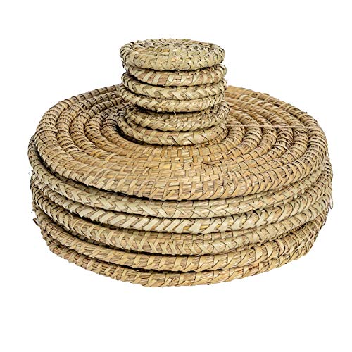 Juego de manteles y Posavasos Trenzados con Fibra de Jacinto de Agua - Forma Redonda - Hoja de Palma - Pack de 12 Juego de manteles y Posavasos Trenzados con Fibra de Jacinto de Agua - Forma Redonda - Hoja de Palma - Pack de 12
