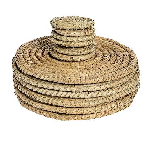 Juego de manteles y Posavasos Trenzados con Fibra de Jacinto de Agua - Forma Redonda - Hoja de Palma - Pack de 12