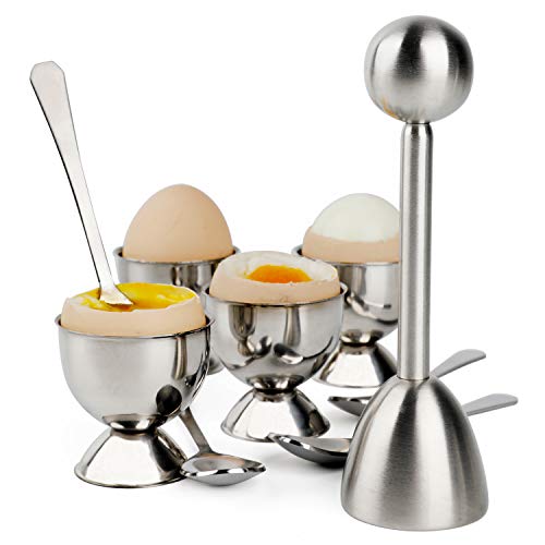 Juego de separadores de huevos duros y blandos con 4 cucharas y 4 tazas, 1 cortador de cáscaras de acero inoxidable para desayuno y cocina