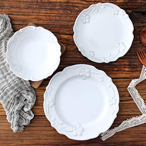 Juegos De Vajillas De Porcelana, cuenco de cereales de estilo francés y juego de platos para carne | Juegos de cena de porcelana con relieve vintage de 24 para regalo de boda