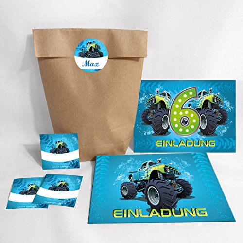 JuNa-Experten Juego de 12 tarjetas de invitación, sobres, bolsas naturales, adhesivas, 6º cumpleaños infantil, diseño de monstruos