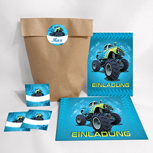 JuNa-Experten Juego de 12 tarjetas de invitación, sobres, bolsas naturales, pegatinas para cumpleaños infantiles, diseño de monstruos