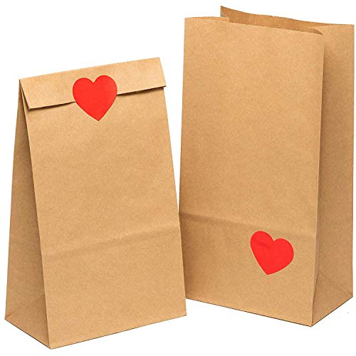 kgpack 50x Bolsas de Papel Kraft DIY con Pegatinas corazón 14 x 26 x 8 cm | Bolsas de Papel Kraft para niños | Calendario de adviento | Bolsa de Regalo de Fondo Plano | Bolsa de Papel de Alimentos