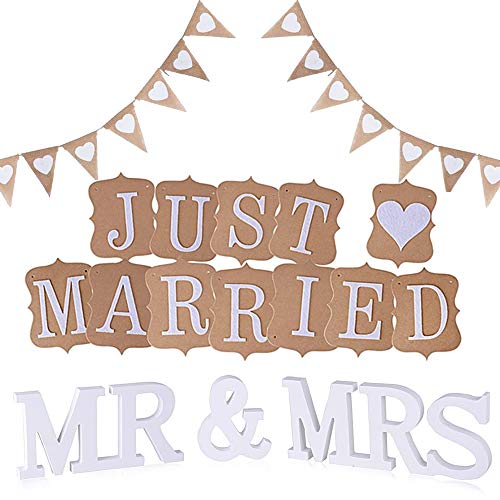 KINDPMA Mr y Mrs Letras Madera Blanca Decoración Mesa de Boda con Guirnalda Bandera Just Married Banderines Tarjetas Arpillera Bunting Banner para Wedding Decoration