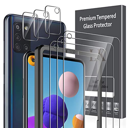 LK Compatible con Samsung Galaxy A21S Protector de Pantalla,3 Pack Cristal Templado y 3 Pack Protector de Lente de cámara, Doble protección, Kit de Instalación Incluido