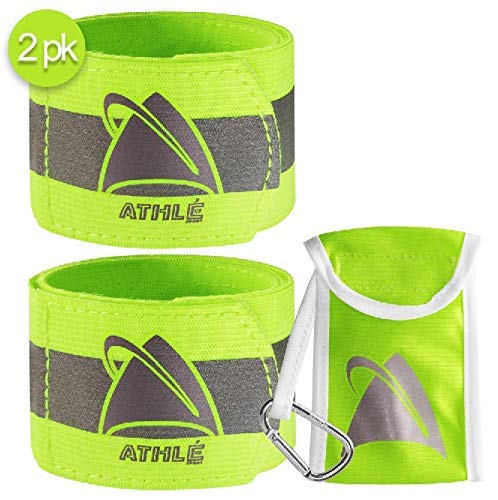 Lote de 2 Brazaletes Reflectantes Athlé - Bandas Amarillo Fluo Ajustables de 40 cm para Muñecas, Brazos y Tobillos - Equipo de Seguridad Alta Visibilidad para Carrera, Footing, Ciclismo y Moto