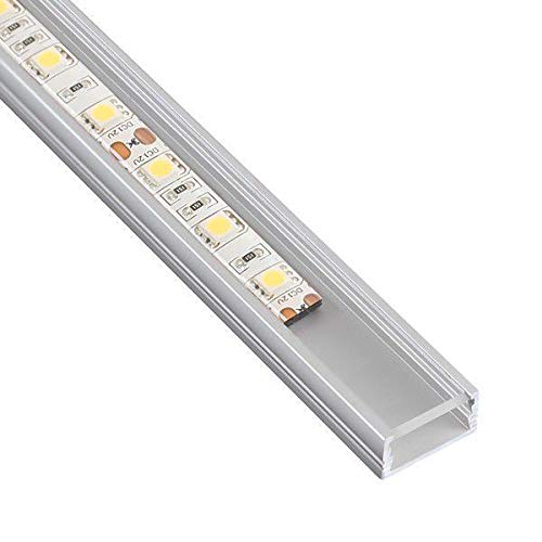 Lote de 5 perfiles de aluminio 6063, modelo DL1407, de 2 metros cada uno, para tiras led, con cubierta transparente, tapones y ganchos de montaje incluidos