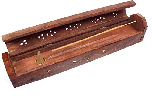 Luxflair Hermosa caja hecha a mano de madera de sheesham para varillas de incienso y conos, con adornos de latón, caja de almacenamiento, caja de ahumador, caja de ataúd.