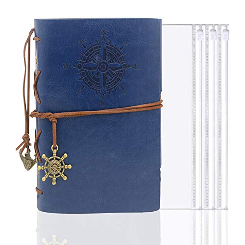 LZYMSZ Cuaderno de cuero A5, 3 bolsillos de carpeta, cuaderno diario en espiral, cuaderno de cuentas de mano con papel sin forro, colgantes retro, estampado clásico (azul profundo)