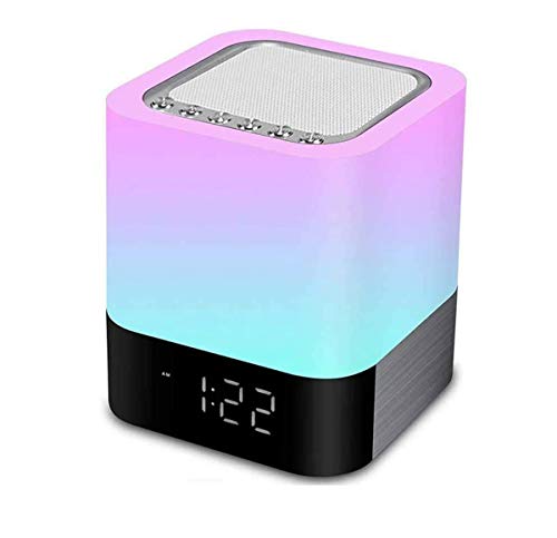 Malayas Noche Lámpara de mesa 5 en 1 LED Lámpara de escritorio con Bluetooth Altavoz 12/24h Digital Calendario Despertador 7 colores Touch Control Night Light Soporta TF y tarjeta SD