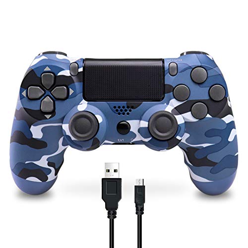 Mando Inalámbrico para PS4, Mando Inalámbrico Compatible con Playstation 4/PS4 Slim/PS4 Pro, Inalámbrico Controlador con Vibración Doble/6-Axis Gyro/Turbo/Panel táctil (Camuflaje azul)