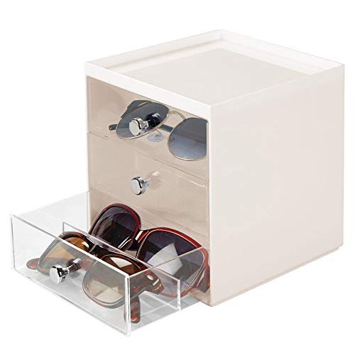 mDesign Caja para gafas de sol – Cajoneras de plástico con 3 cajones – Organizador de armarios para guardar todo tipo de gafas – crema/transparente