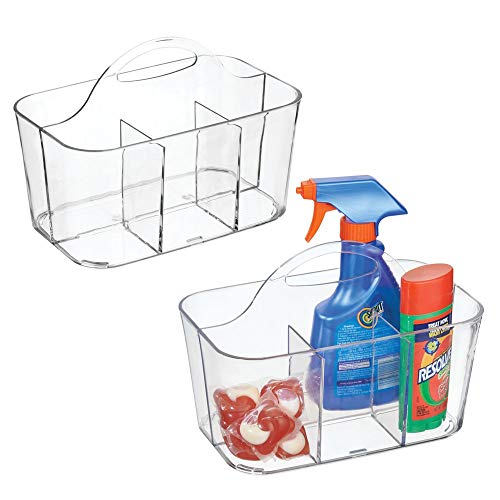 mDesign Juego de 2 cestas organizadoras con asa para productos de limpieza – Gran alternativa para guardar las pinzas de la ropa – Pequeños cestos de plástico con 4 compartimentos – transparente