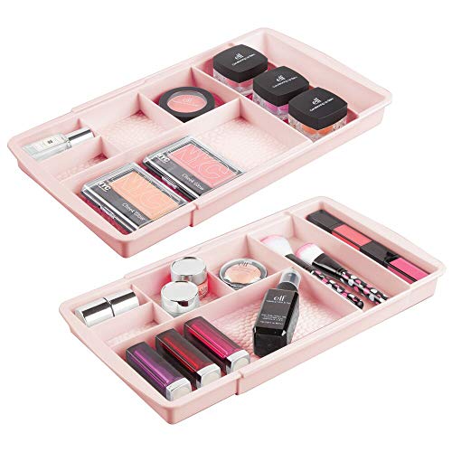 mDesign Juego de 2 organizadores de maquillaje con divisiones – Caja organizadora extensible para el cajón – Organizador de cosméticos, productos de belleza, joyas y artículos pequeños – rosa claro