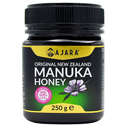 Miel de Manuka MGO 500+ Activo, Crudo, Puro y Natural al 100% - Producto Certificado Metilglioxal en Nueva Zelanda - Terapéutico Antiviral y sana la piel - AJARA 250g