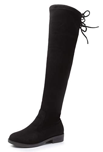 Minotta Botas planas elásticas para mujer cómodas sobre la rodilla y el muslo (disponibles en pantorrilla media y ancha), color Negro, talla 40.5 EU