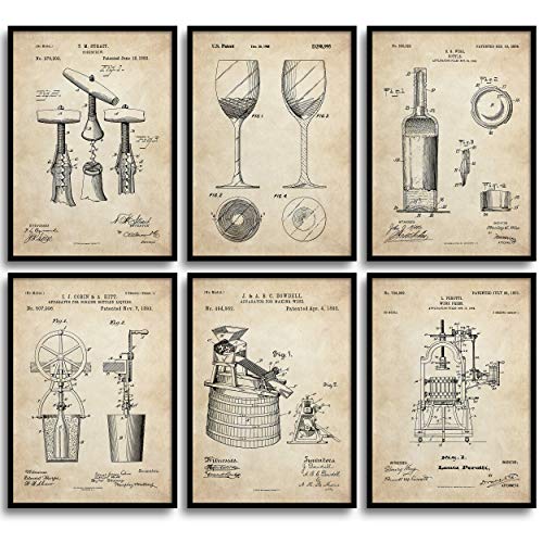 MONOKO® Juego de 6 pósteres de patente de vino para la cocina o el salón, sin marco, diseño vintage, 6 x A4 (21 x 29,7 cm)