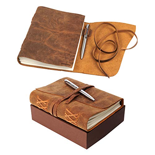 Moonster Set de Cuaderno de Cuero con Bolígrafo – Diario de Escritura Hecho a Mano 100% Cuero Genuino de Búfalo de Agua – Encuadernación Manual – Papel de Algodón Reciclado Sin Ácidos Moonster Set de Cuaderno de Cuero con Bolígrafo – Diario de Escritura Hecho a Mano 100% Cuero Genuino de Búfalo de Agua – Encuadernación Manual – Papel de Algodón Reciclado Sin Ácidos