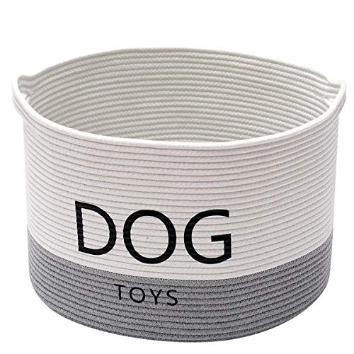 Morezi - Cesta de juguete redonda para perro con asa, cesta grande para perros - Perfecto para organizar juguetes de mascotas, mantas, correas, color gris blanco