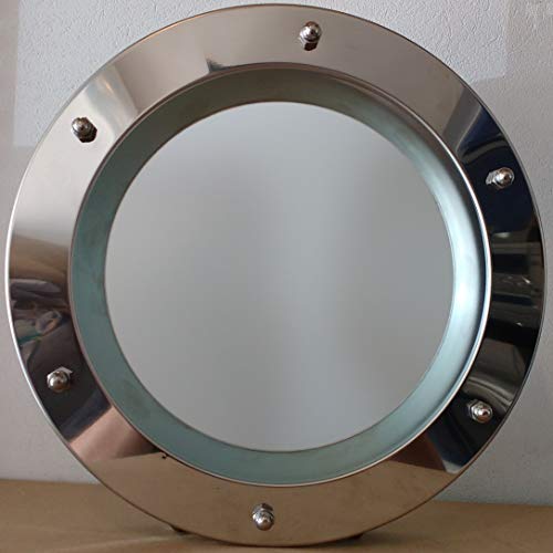 Ojo de buey para puerta de acero inoxidable brillante, 350 mm de diámetro, cristal mate, tuercas ciegas Ojo de buey para puerta de acero inoxidable brillante, 350 mm de diámetro, cristal mate, tuercas ciegas