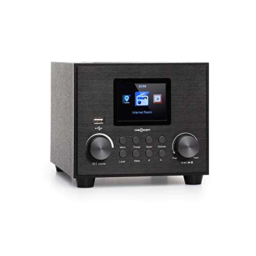 oneConcept Streamo Cube - Radio con Internet, WiFi, Altavoz de 3 W, Subwoofer de 5 W RMS, Bluetooth, Entrada USB, Entrada AUX, Conexión Auriculares, Pantalla HCC 2,8", Mando a Distancia, Negro