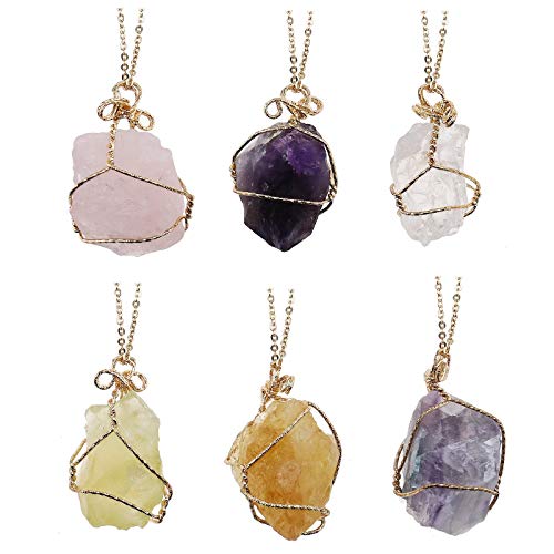 OTOTEC Juego de 6 collares de cristal mineral, irregulares de 6 colores, con colgante hueco de alambre de piedra, regalo para mujeres y niñas