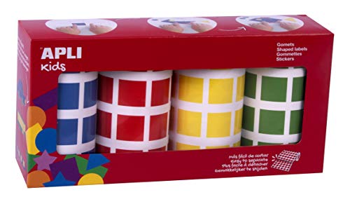 Pack 4 Rollos Gomets Cuadrados 4 Colores APLI Kids 18326, Azul, rojo, amarillo y verde, 20 x 20 mm