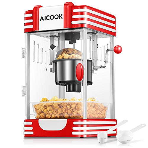 Palomitero, AICOOK 300W Mantequilla Caliente Máquina de Palomitas con Retro Light, Recubrimiento Antiadherente, Bandeja de Palomitas de Maíz, Adecuado Para Noche de Cine y Navidad, Rojo