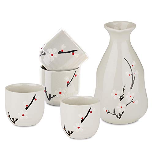 Panbado Juego de Sake de Porcelana, 5 Piezas, con 1 Sake Bottle y 4 Sake Cups para Licor Chino, Caja de Regalo. Mejor Regalo de Cumpleaños, Navidad