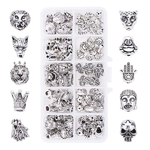 PandaHall Elite sobre 100 unids/caja de cuentas de aleación de zinc estilo tibetano, formas mixtas, cuentas de aleación de plata antigua para pendientes, pulseras, collares, 13,5 x 7 x 3 cm