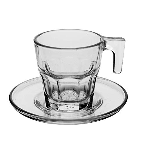 Pasabahce Casablanca 95753, Tazas de espresso con platillo, 70 ml, Conjunto de 12 (6 tazas con asa y 6 platillos), transparente