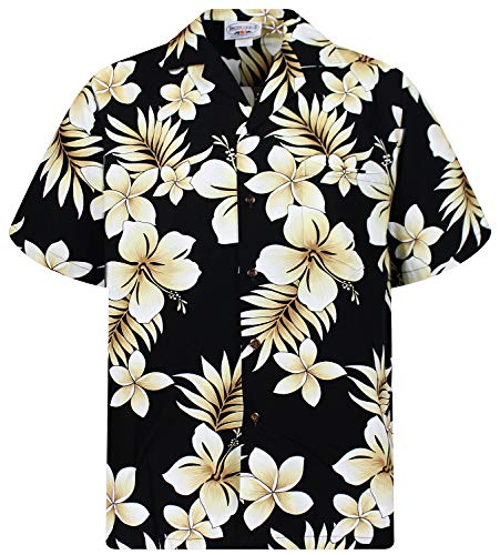 P.L.A. Pacific Legend - Camisa hawaiana de manga corta para hombre, con botones, bolsillo frontal, diseño hawaiano con flor dorada Flor dorada negra. XL