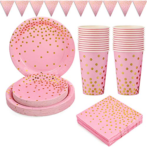 Platos de Papel Fiesta Oro Rosa 101PCS Vajilla de Papel Cumpleaños Dorada Incluye Platos de 9" y 7", Servilletas, Vasos de 12 oz, Banner, para Despedida de Soltera,Compromiso,Baby Shower(25 Invitados)