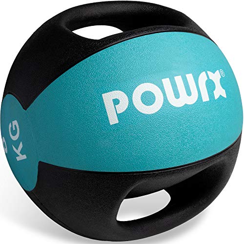 POWRX Balón Medicinal con Asas 8 kg - Ideal para Ejercicios de »Functional Fitness«, fortalecimiento Muscular y rehabilitación + PDF Workout (Turquesa)