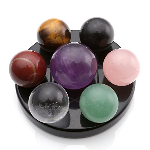 QGEM Juego de bolas de chakra de cristal en base de obsidiana, para sanación de reiki, 7 unidades, incluye caja