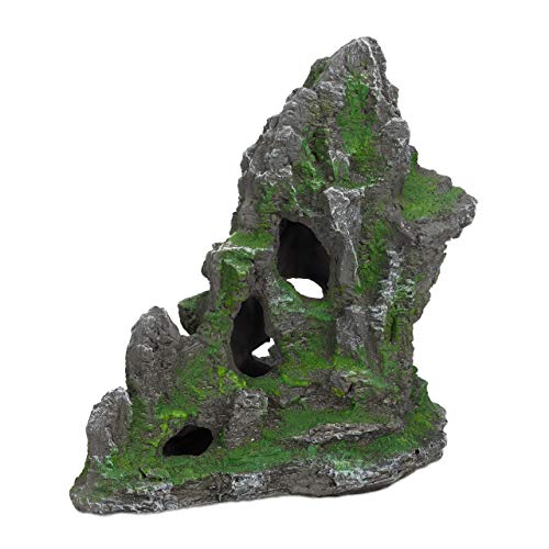 Relaxdays Decoración Acuario, Piedra Cueva, Formación de Roca, Adorno Terrario, 27 cm Alto, 1 Ud, Poliresina, Gris-Verde