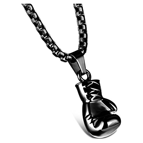 SODIAL Jewelry Collar- Cadena Colgante de Guantes de Boxeo, 55Cm Ajustable - Acero Inoxidable - para Hombres y Mujeres - Color Negro - Longitud 55 Cm - con Bolsa de Regalo